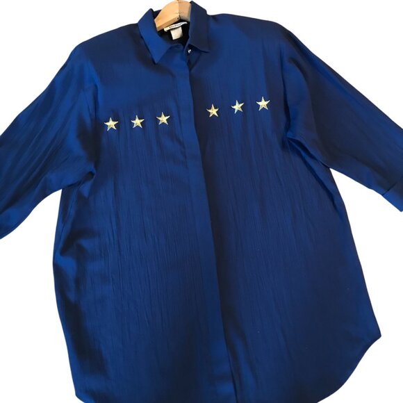 Niki & Danielle 70s Oversized Tunic: Navy Blouse, Appliqued Gold Stars, Size 12 - Picture 5 of 9